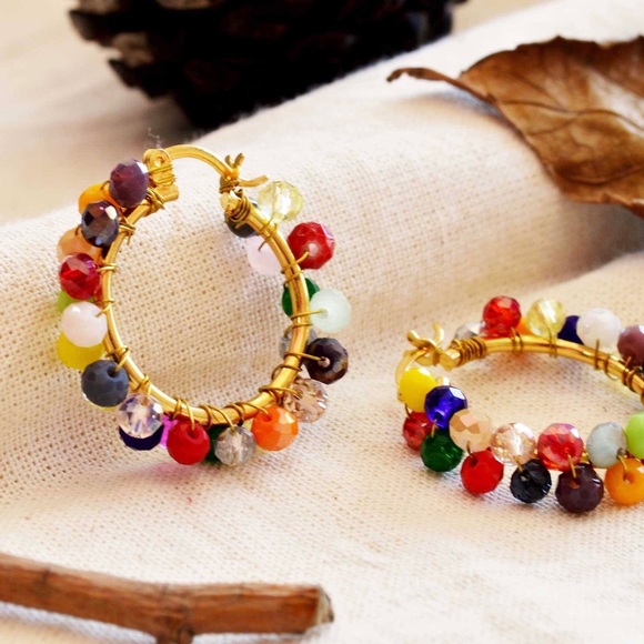 Boho Mexican Beaded Crystal Hoop Earrings - Picture 3 of 5